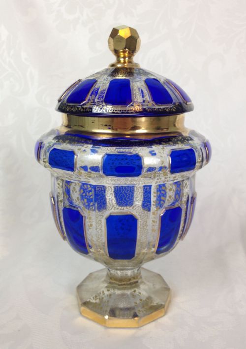 Art Deco Moser Blue Cabochon Overlay Lidded Vase Bonbon Dish Bohemian 1920s