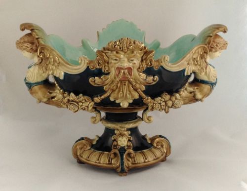 Fabulous Large English Majolica Centerpiece Harpies Masks Teal Ground Victorian Sirens Mermaids