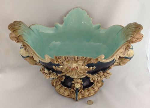 fig 1. Fabulous Large English Majolica Centerpiece Harpies Masks Teal Ground Victorian Sirens Mermaids