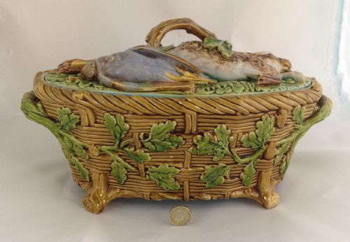 fig 1. Victorian Minton Majolica Game Pie Dish Rabbit Mallard Blackbird 1859