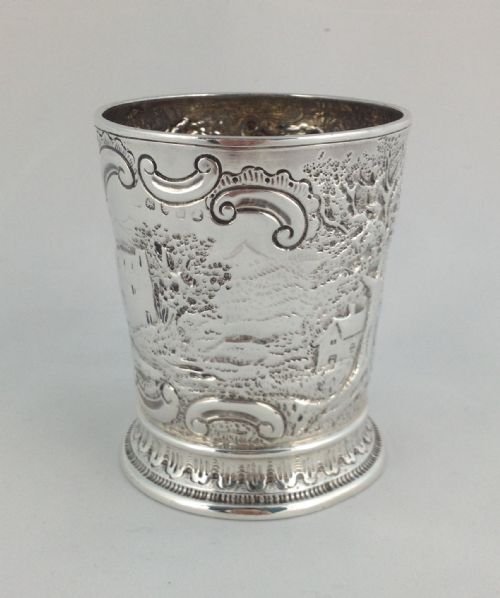 fig 1. George III Embossed Silver Beaker London 1817 Landscape Castle Scenes Georgian