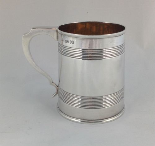 Victorian Silver 1 Pint Beer Mug Frederick Brasted Gilt Washed Georgian Style Reeded Bands Tankard