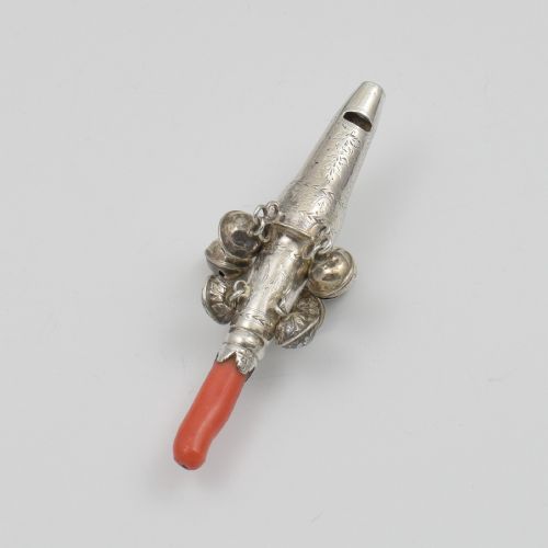 fig 1. Georgian Silver & Red Coral Baby Rattle, Elizabeth Morley