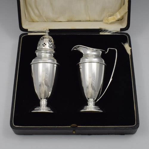 fig 1. Fine Art Deco Cased Silver Strawberry Serving Set Cream Jug & Sugar Caster