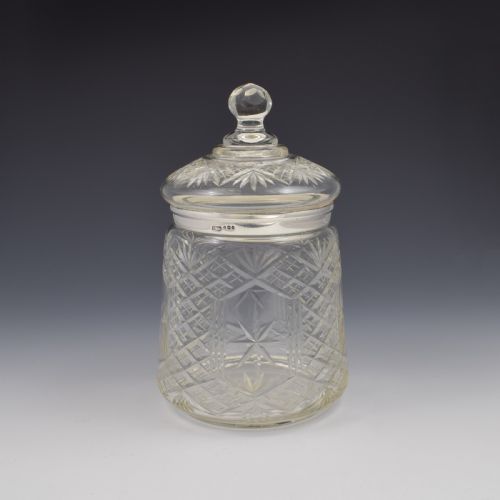 Art Deco Cut Glass & Silver Biscuit Jar / Barrel & Cover