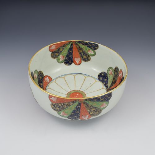Large First Period Worcester Porcelain Old Japan Fan 9" Punch Bowl C.1770