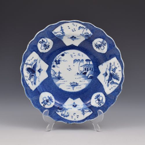 Bow Porcelain Powder Blue Fan Landscape Small Dessert Dish / Plate C.1758-1762