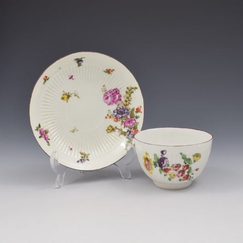Early Derby Porcelain Ribbed Fluted Tea Bowl & Saucer C.1760