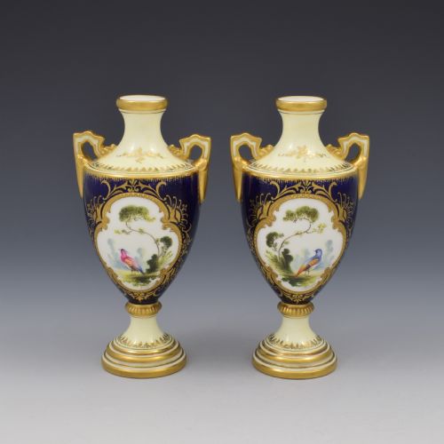 Pair of Coalport Porcelain Vases Chelsea Birds Artist Signed F. Howard