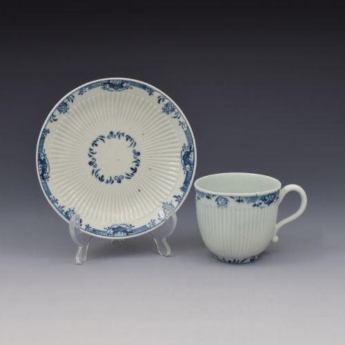 First Period Worcester Porcelain Ribbed Coffee Cup & Saucer Lambrequin Border C.1770