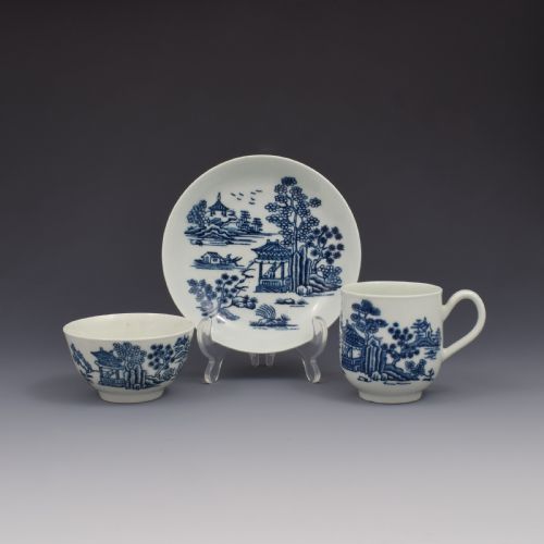 First Period Worcester Porcelain Tea & Coffee Trio the Man in the Pavilion Pattern C.1760