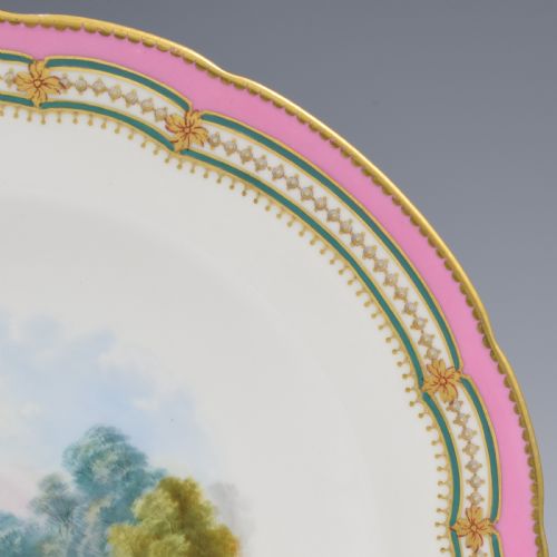 STUNNING MINTON PORCELAIN PEARL JEWELLED LANDSCAPE DESSERT PLATE PINK GROUND - ADDITIONAL PHOTO 4