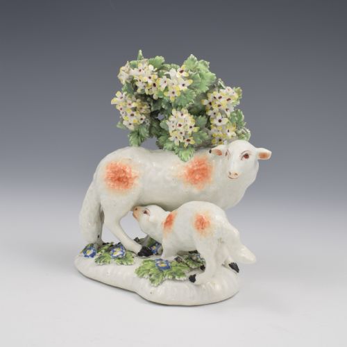 fig 1. Rare Derby Porcelain Bocage Figure Ewe Suckling A Lamb c.1760