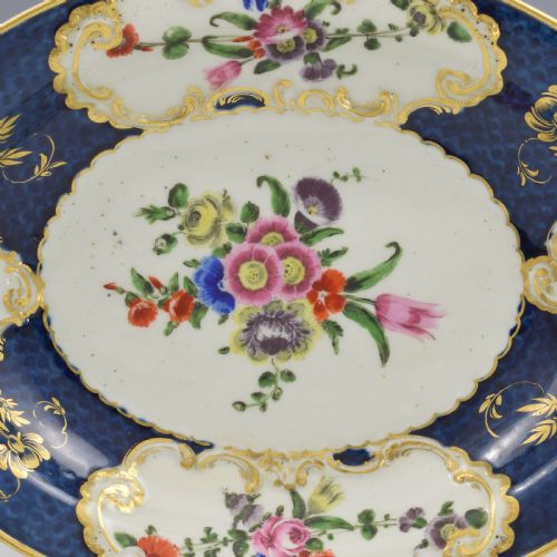 fig 1. Lovely First Period Worcester Porcelain Blue Scale & Floral Oval Dish c.1770