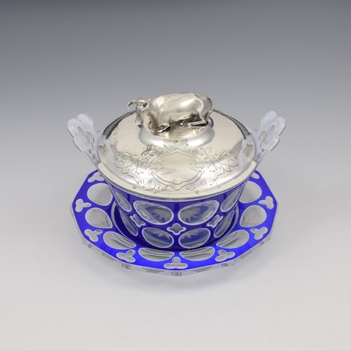 fig 1. Stunning Rare Early Victorian Sterling Silver Cow & Blue & White Glass Butter Dish c.1840