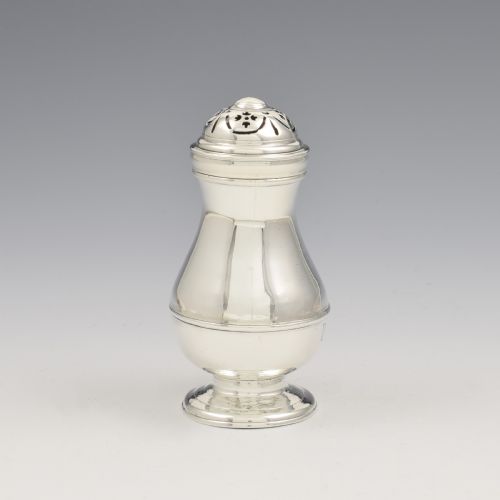 fig 1. A George I sterling silver pounce pot with a faceted baluster body, stepped pedestal base, pierced dome cover, and engraved initials.