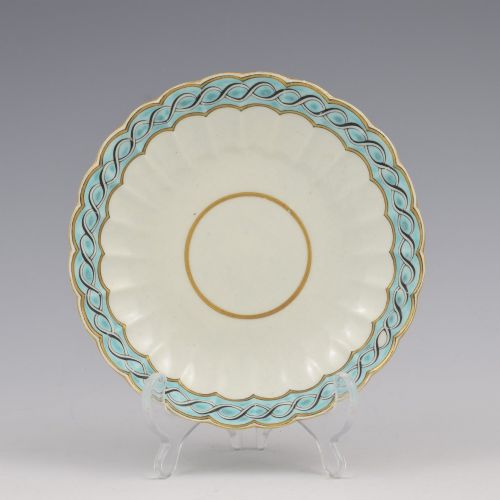 PRETTY WORCESTER PORCELAIN FLUTED TEA BOWL SAUCER TURQUOISE GUILLOCHE BORDER C1770 - ADDITIONAL PHOTO 1