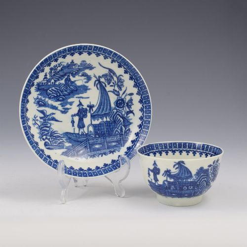 FIRST PERIOD WORCESTER PORCELAIN FISHERMAN TEA BOWL SAUCER C1785