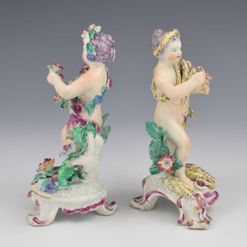 fig 2. A set of four 18th-century Bow soft-paste porcelain figures representing the seasons, depicting putti on rococo scroll bases with colourful floral bocage.