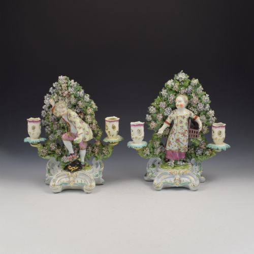RARE PAIR OF LARGE DERBY PORCELAIN BOCAGE CANDLESTICK FIGURES LIBERTY MATRIMONY AS CHILDREN