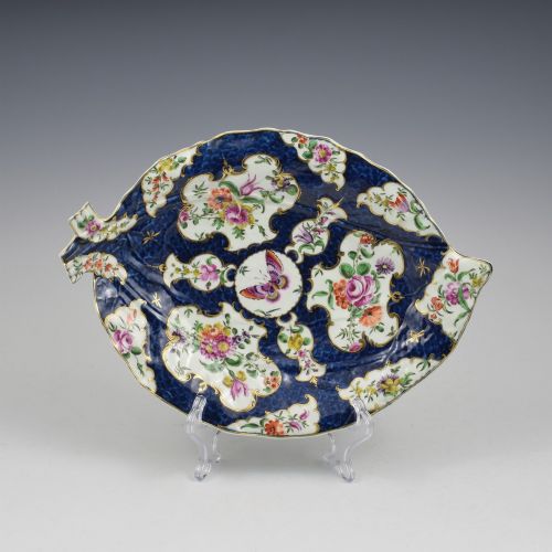 RARE LARGE DR WALL FIRST PERIOD WORCESTER PORCELAIN BUTTERFLY SCALE BLUE LEAF DISH C1770