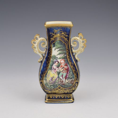 RARE CHELSEA PORCELAIN GOLD ANCHOR PERIOD BLUE GROUND VASE WATTEAU SCENES C17591768