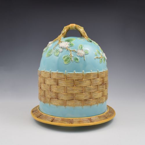 STUNNING LARGE GEORGE JONES MAJOLICA APPLE BLOSSOM CHEESE BELL STAND - ADDITIONAL PHOTO 1