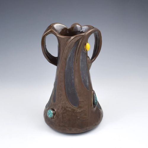 large bretby pottery art nouveau clanta copper effect vase jewelled cabochons c1900 - CATEGORY: ANTIQUE VASES - DATED VICTORIAN