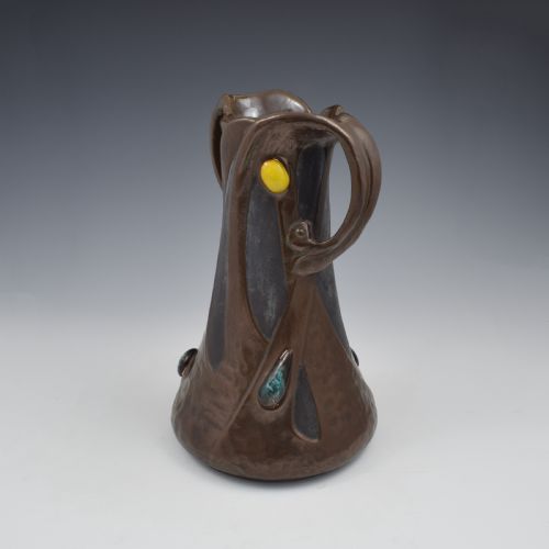 LARGE BRETBY POTTERY ART NOUVEAU CLANTA COPPER EFFECT VASE JEWELLED CABOCHONS C1900 - ADDITIONAL PHOTO 1