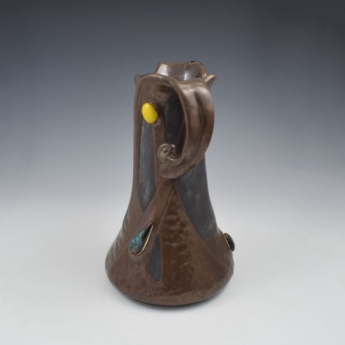 LARGE BRETBY POTTERY ART NOUVEAU CLANTA COPPER EFFECT VASE JEWELLED CABOCHONS C1900 - ADDITIONAL PHOTO 2