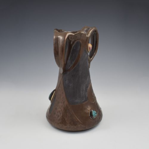 LARGE BRETBY POTTERY ART NOUVEAU CLANTA COPPER EFFECT VASE JEWELLED CABOCHONS C1900 - ADDITIONAL PHOTO 3
