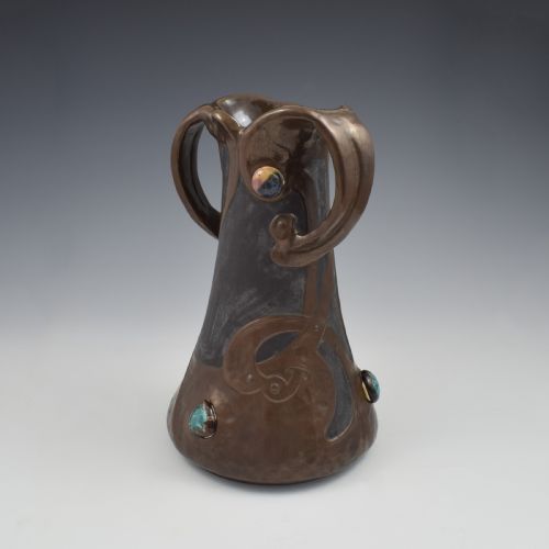 LARGE BRETBY POTTERY ART NOUVEAU CLANTA COPPER EFFECT VASE JEWELLED CABOCHONS C1900 - ADDITIONAL PHOTO 5