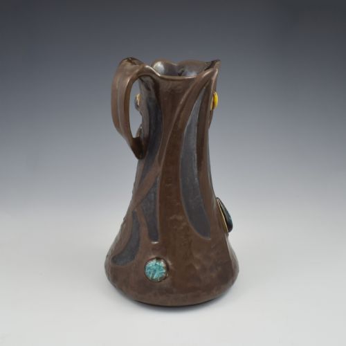 LARGE BRETBY POTTERY ART NOUVEAU CLANTA COPPER EFFECT VASE JEWELLED CABOCHONS C1900 - ADDITIONAL PHOTO 7
