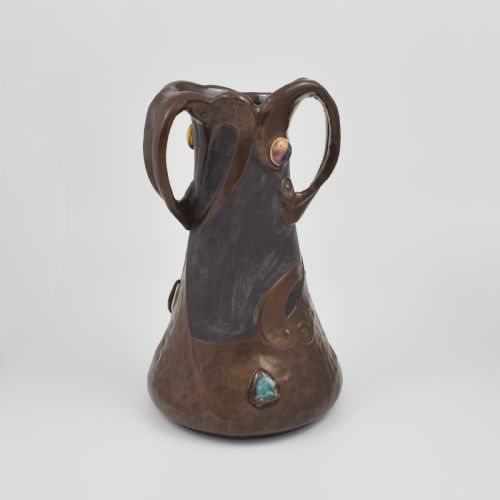LARGE BRETBY POTTERY ART NOUVEAU CLANTA COPPER EFFECT VASE JEWELLED CABOCHONS C1900 - ADDITIONAL PHOTO 14