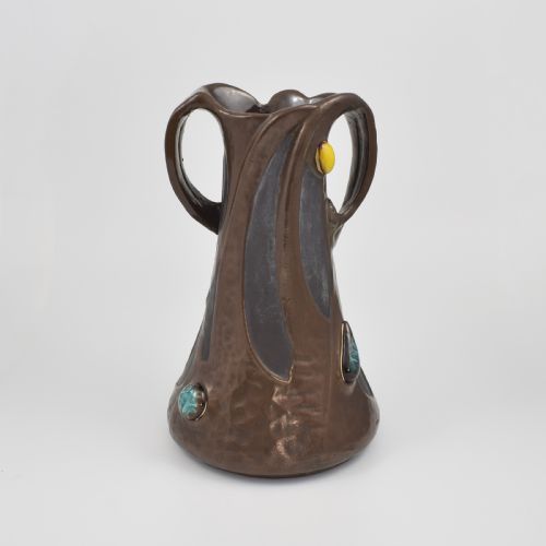 LARGE BRETBY POTTERY ART NOUVEAU CLANTA COPPER EFFECT VASE JEWELLED CABOCHONS C1900 - ADDITIONAL PHOTO 15