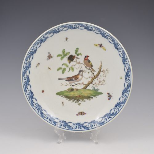 SUPERB LARGE ANTIQUE MEISSEN PORCELAIN ORNITHOLOGICAL BIRD DESSERT DISH C1860