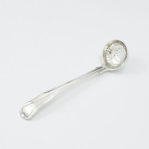 fig 1. A Georgian sterling silver sifter spoon featuring a circular pierced bowl and a Kings Hourglass pattern handle.
