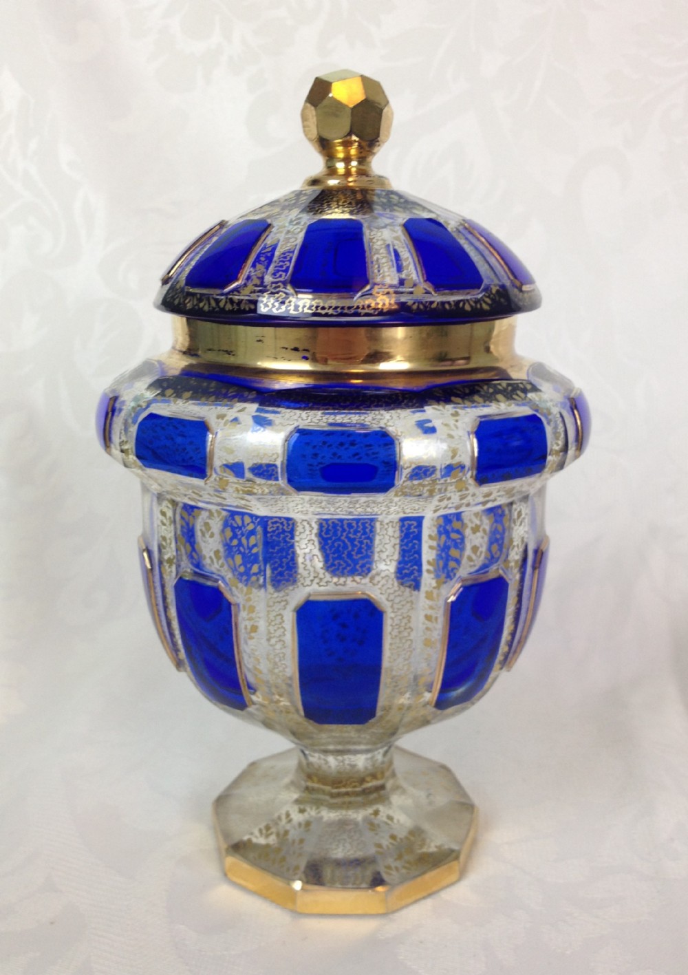 Art Deco Moser Blue Cabochon Overlay Lidded Vase Bonbon Dish Bohemian 1920s