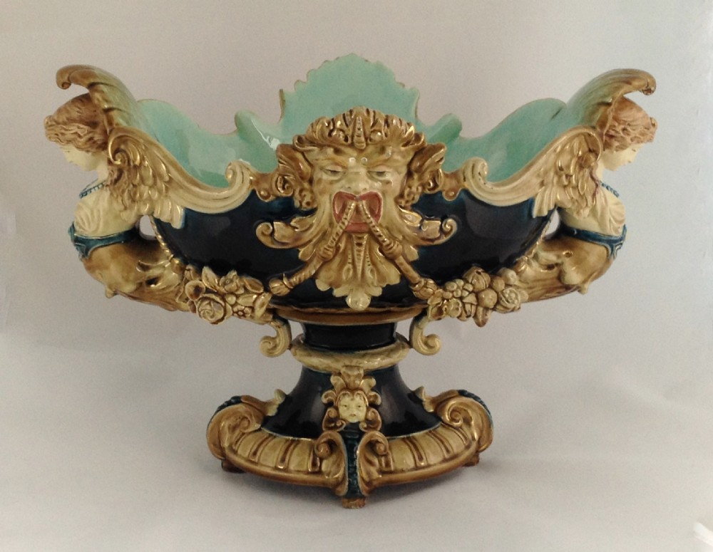Fabulous Large English Majolica Centerpiece Harpies Masks Teal Ground Victorian Sirens Mermaids