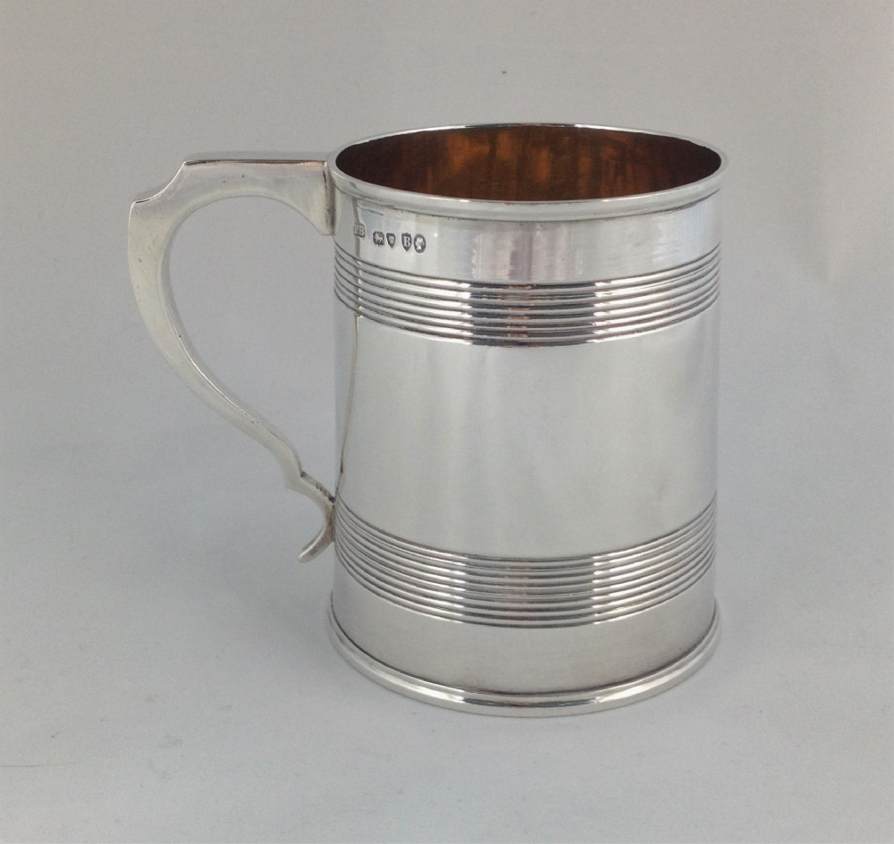 Victorian Silver 1 Pint Beer Mug Frederick Brasted Gilt Washed Georgian Style Reeded Bands Tankard