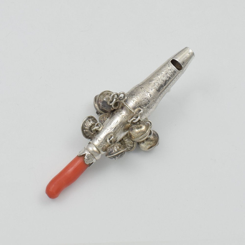 Georgian Silver & Red Coral Baby Rattle, Elizabeth Morley