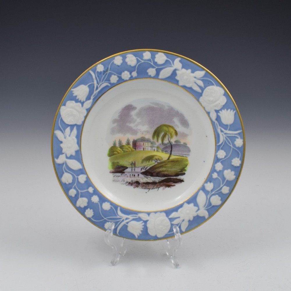 Georgian New Hall Porcelain Landscape Dessert Plate Hedley Lodge c.1815