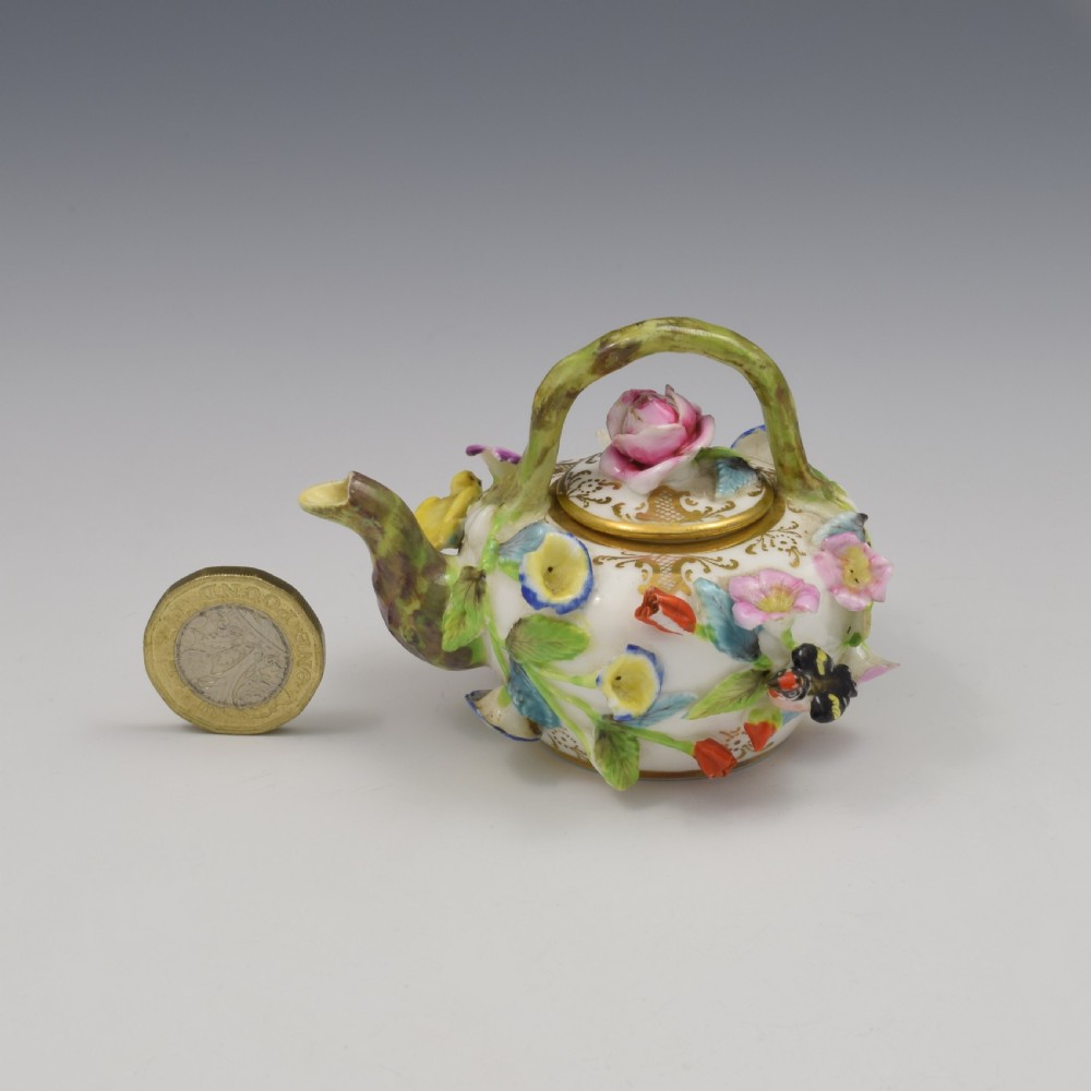 Rare Spode Porcelain Miniature / Toy Flower Encrusted Tea Kettle c.1825 View II