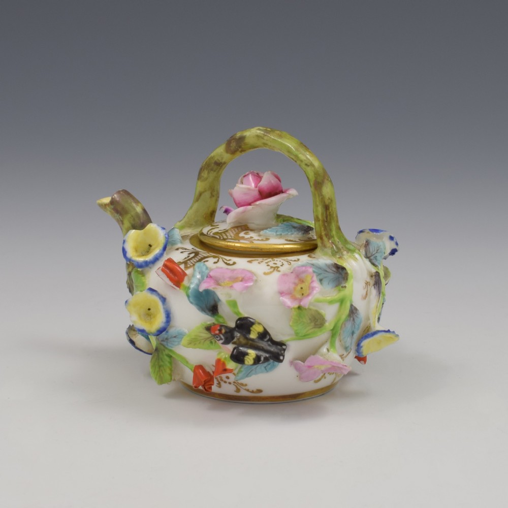 Rare Spode Porcelain Miniature / Toy Flower Encrusted Tea Kettle c.1825 View III