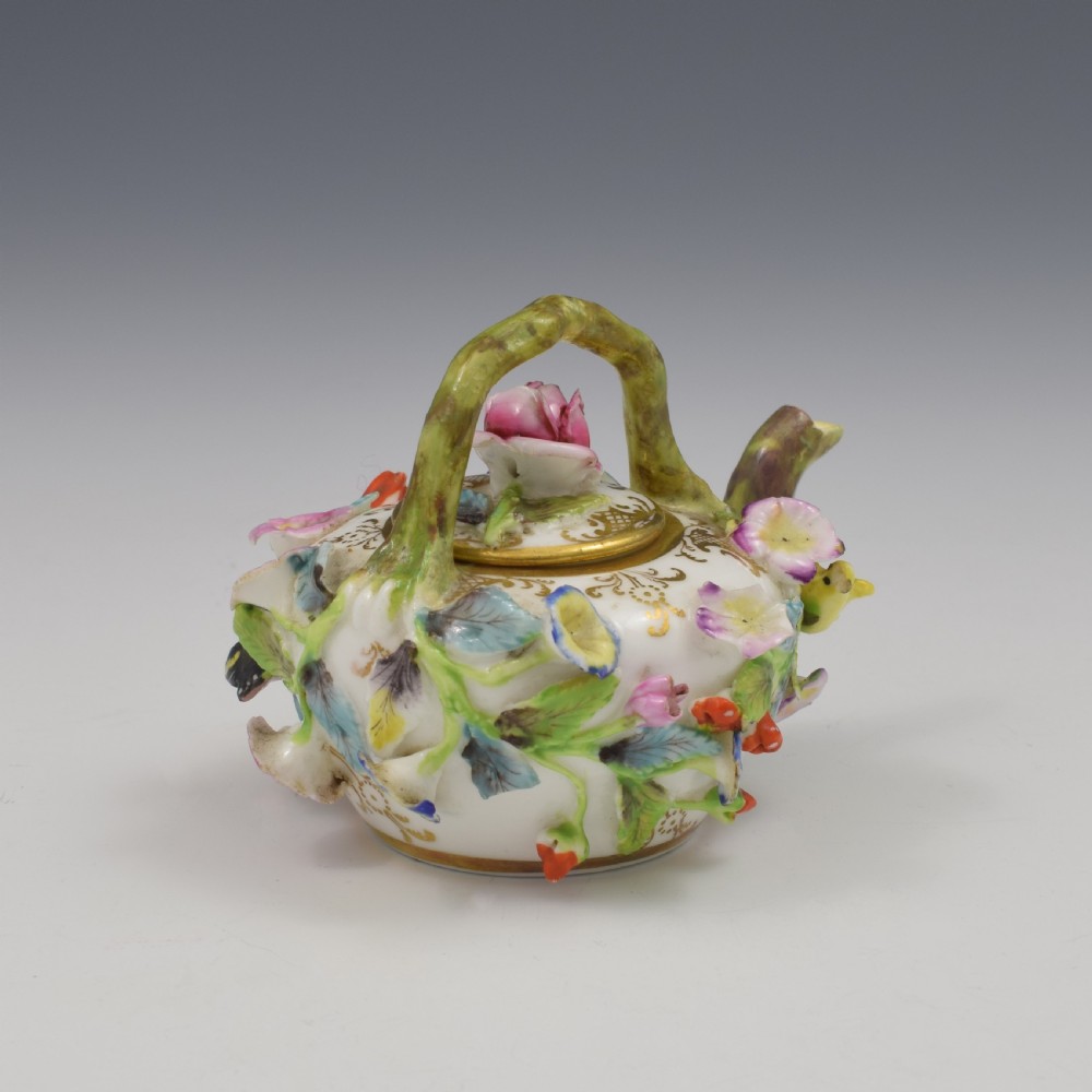 Rare Spode Porcelain Miniature / Toy Flower Encrusted Tea Kettle c.1825 View V