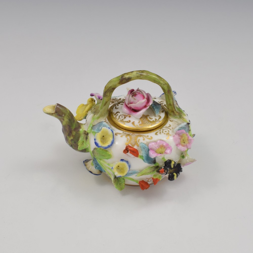 Rare Spode Porcelain Miniature / Toy Flower Encrusted Tea Kettle c.1825 View X