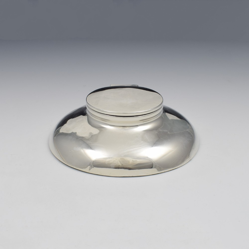 Stylish Large Low Profile Circular Silver Inkwell Art Deco 1919
