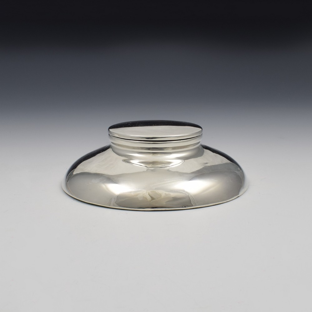 Stylish Large Low Profile Circular Silver Inkwell Art Deco 1919 View II