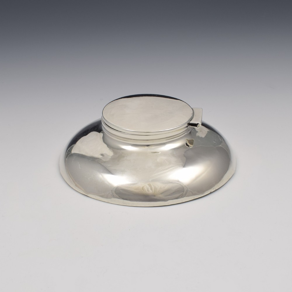 Stylish Large Low Profile Circular Silver Inkwell Art Deco 1919 View III