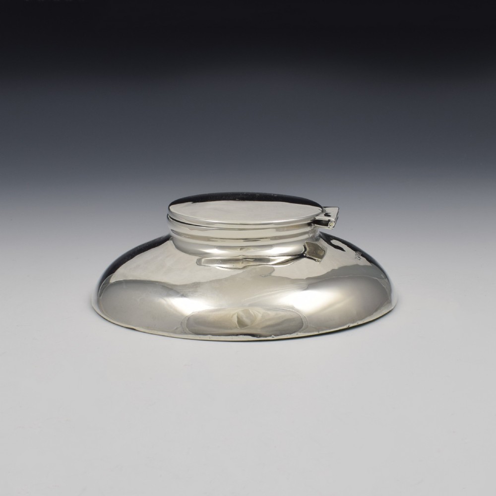Stylish Large Low Profile Circular Silver Inkwell Art Deco 1919 View IV